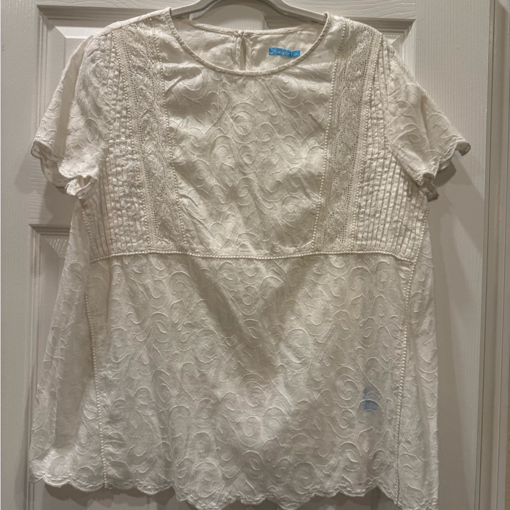 J. McLaughlin 100% Cotton Cream Lace Short Sleeve Embroidered Blouse